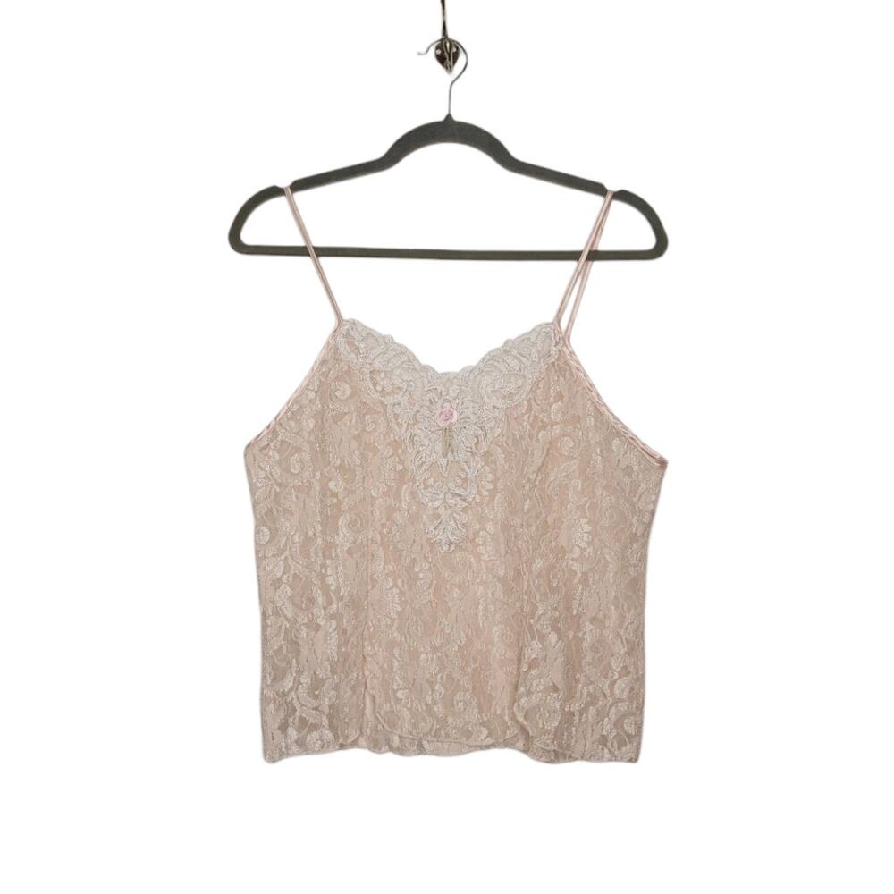 Vintage Sheer Lace See Through Cami 80s 90s Beaded Rosette Western Boho Fairy